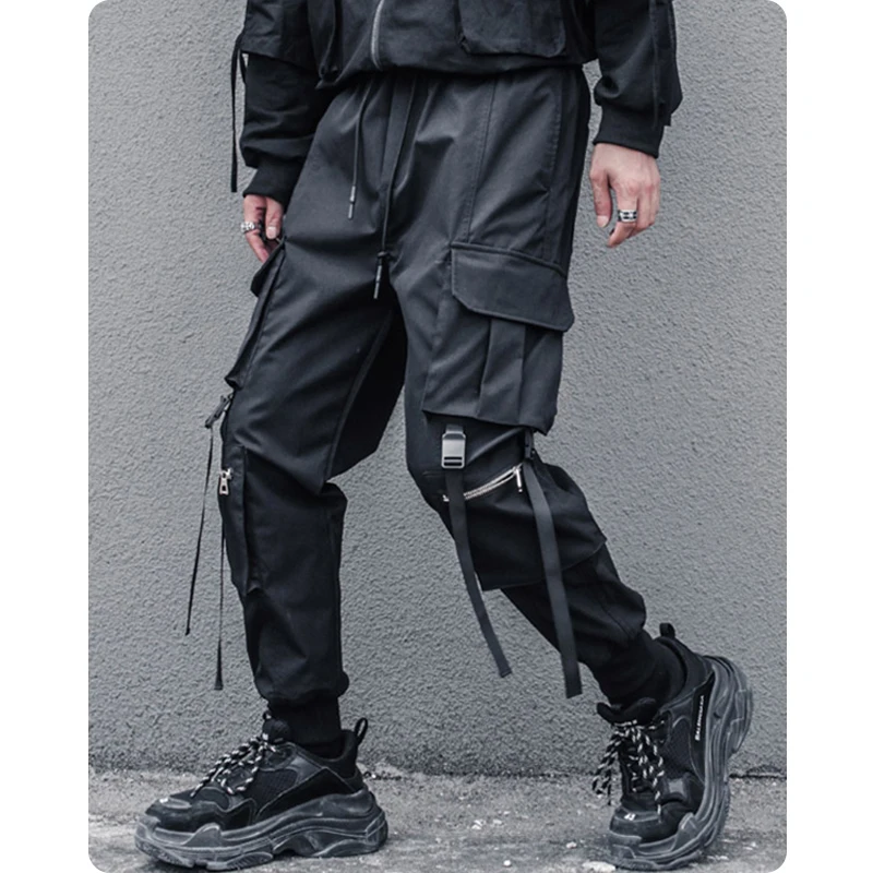 Department overalls male straight beam foot leisure trousers stereoscopic ribbon hip-hop foot big pockets haroun pants