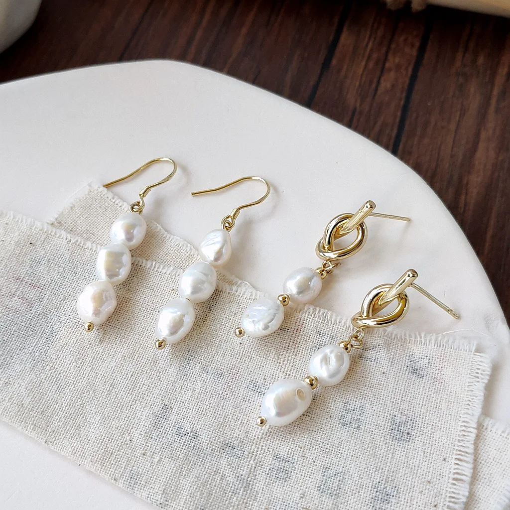 Natürliche Barock Süßwasser Perle 14K Gold Filled Trendy Wasser Tropfen Design Dame Quaste Stud Ohrringe Braut Schmuck Sets