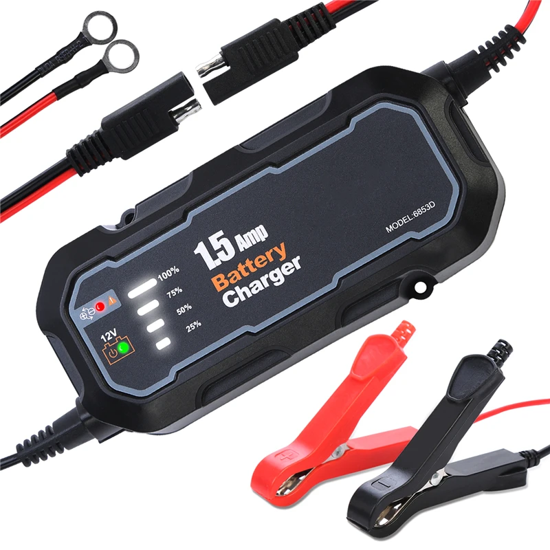 ELING Smart Motorcycle Battery Charger Maintainer 12V 1500mA Automatic Battery Trickle Charger with LED for Car/RV/ATV/Boat