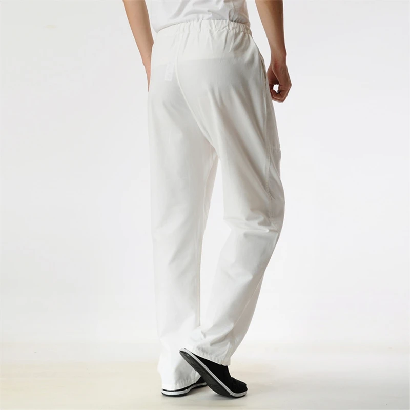Men's Long Pants 100% Cotton Chinese Traditional Kung Fu Pants Wu Shu Tai Chi Elastic Waist Loose white Long Trousers new