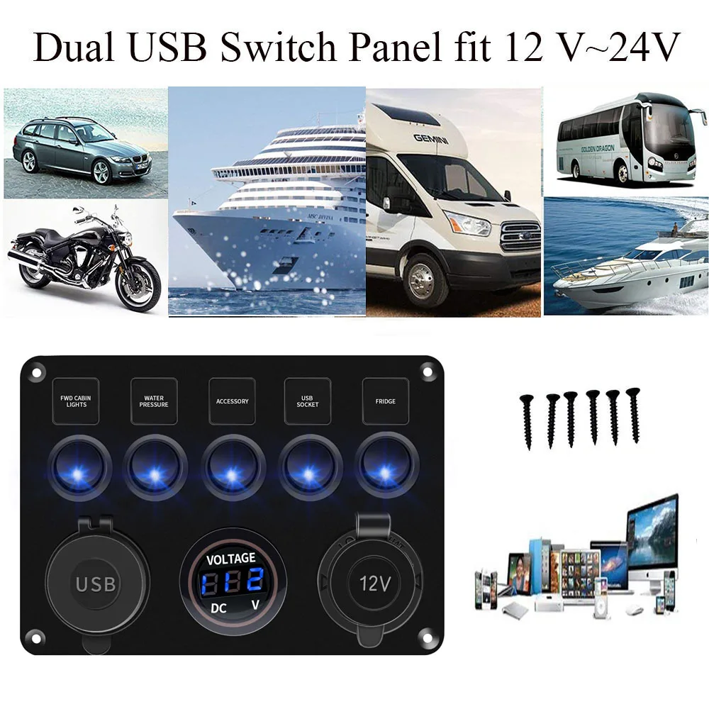 5 Gang Switch Panel Dual USB Port 12V Outlet Combination Waterproof for Car Marine Ship LED Toggle Rocker Switch Panel