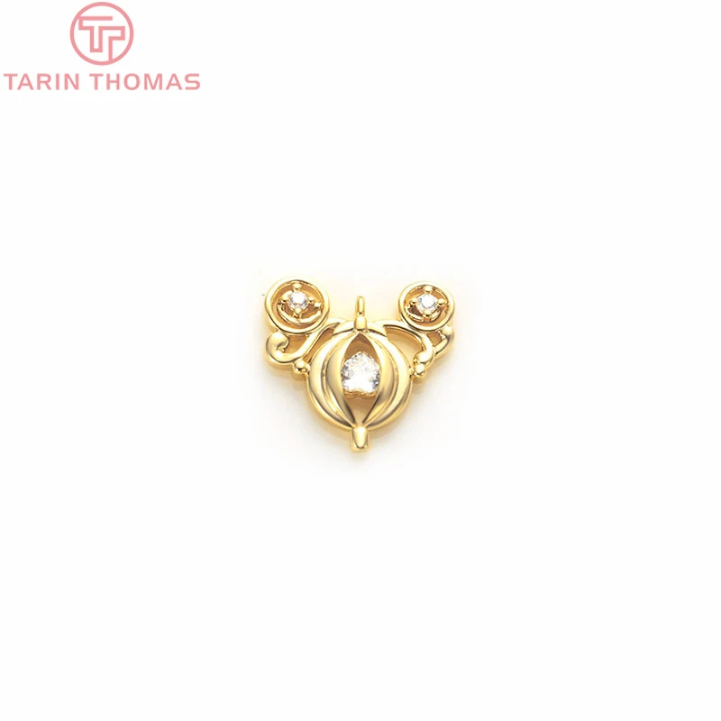 (969)6PCS 14x13.5MM 24K Gold Color Plated Brass with Zircon Pumpkin Car Pendants Charms High Quality Jewelry Making Findings