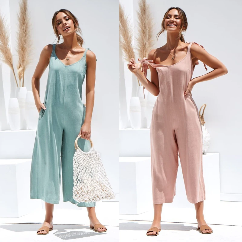 

Women Rompers Casual Loose Linen Cotton Jumpsuit Sleeveless Backless Playsuit Trousers Strappy Jumpsuits Autumn Summer New