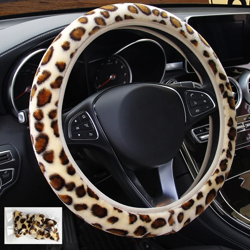 

Car Steering Wheel Woven Cover Car DIY Car Supplies Non-slip Soft Leopard Print Steering Wheel Cover Print Plush Stretch Strip