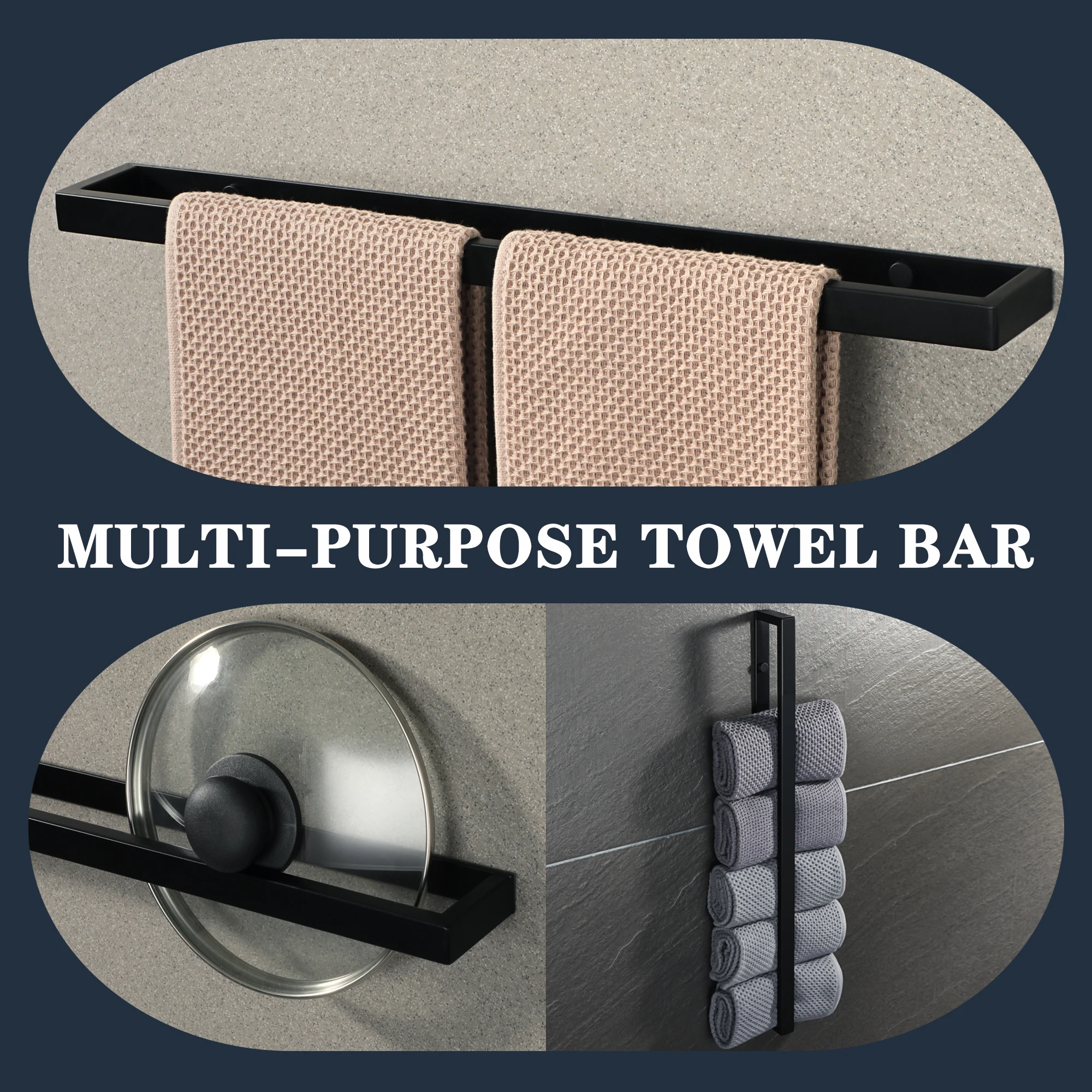 Bathroom Towel Holder 20/30/40/50cm Towel Bar Black Towel Rail Wall-Mounted 304Stainless Steel Self-adhesive Towel Ring Hardware