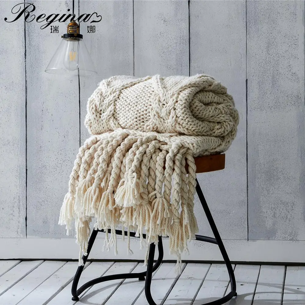 

REGINA Chunky Knit Blanket Beige Soft Tassel Plaid Weight Blankets For Bed Home Decorative Sofa Throws Industrial Style Tapestry