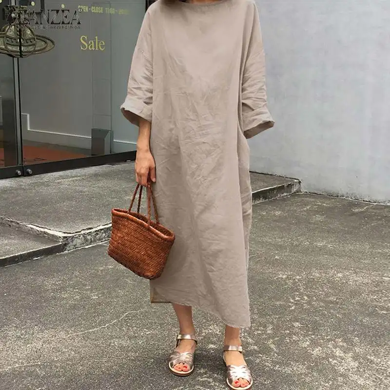 ZANZEA Women Spring O neck Long Sleeve Cotton Linen Dress Casual Sundress Elegant Solid Party Vestidos Kaftan  Dresses