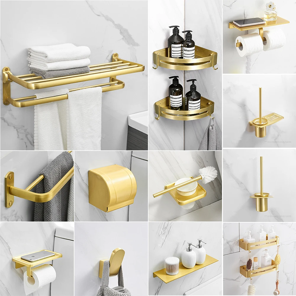 

Bathroom Hardware Set Brush Gold Towel Rack Paper Holder Towel Bar Bath Shelf Toilet Brush holder Robe Hook Bathroom Accessories