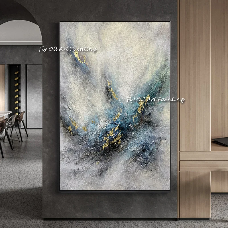 Abstract 100% Handmade Oil Painting on Canvas Professional Handmade Water Grey Blue Gold Oil Painting for Room Decor