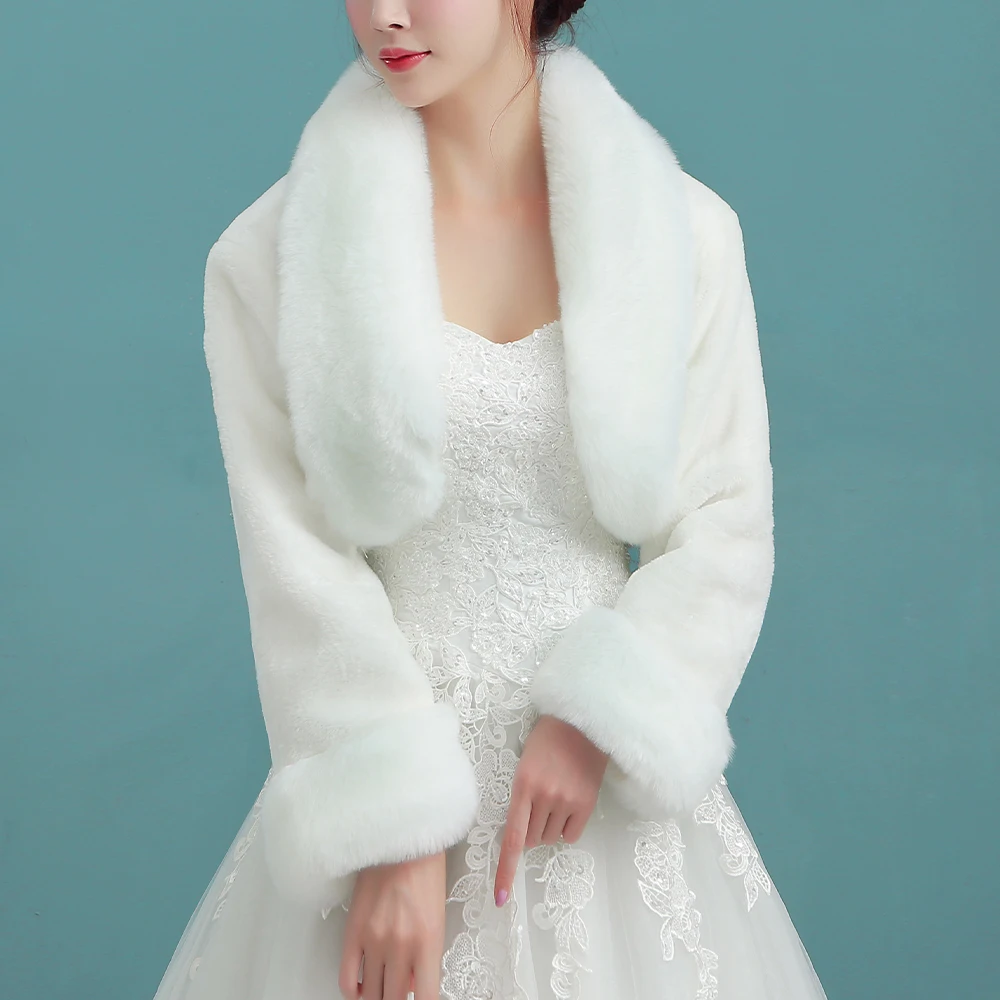 Women Ivory Winter Warm Faux Fur Wedding Bridal Shrug Elegant Long Sleeve Accessory Cape Lapel Collar Shawl Bolero Coat