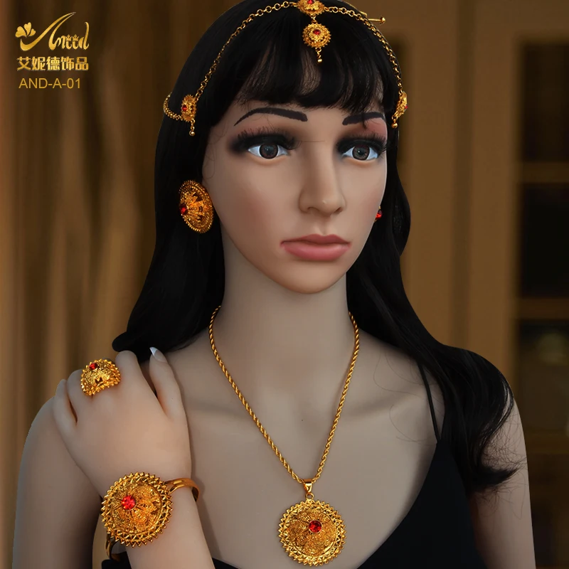 

Gold Color Ethiopian Jewelry Sets For Women Dubai Habesha Jewellery With Hairpin Head Chain African Bridal Wedding Luxury Gift