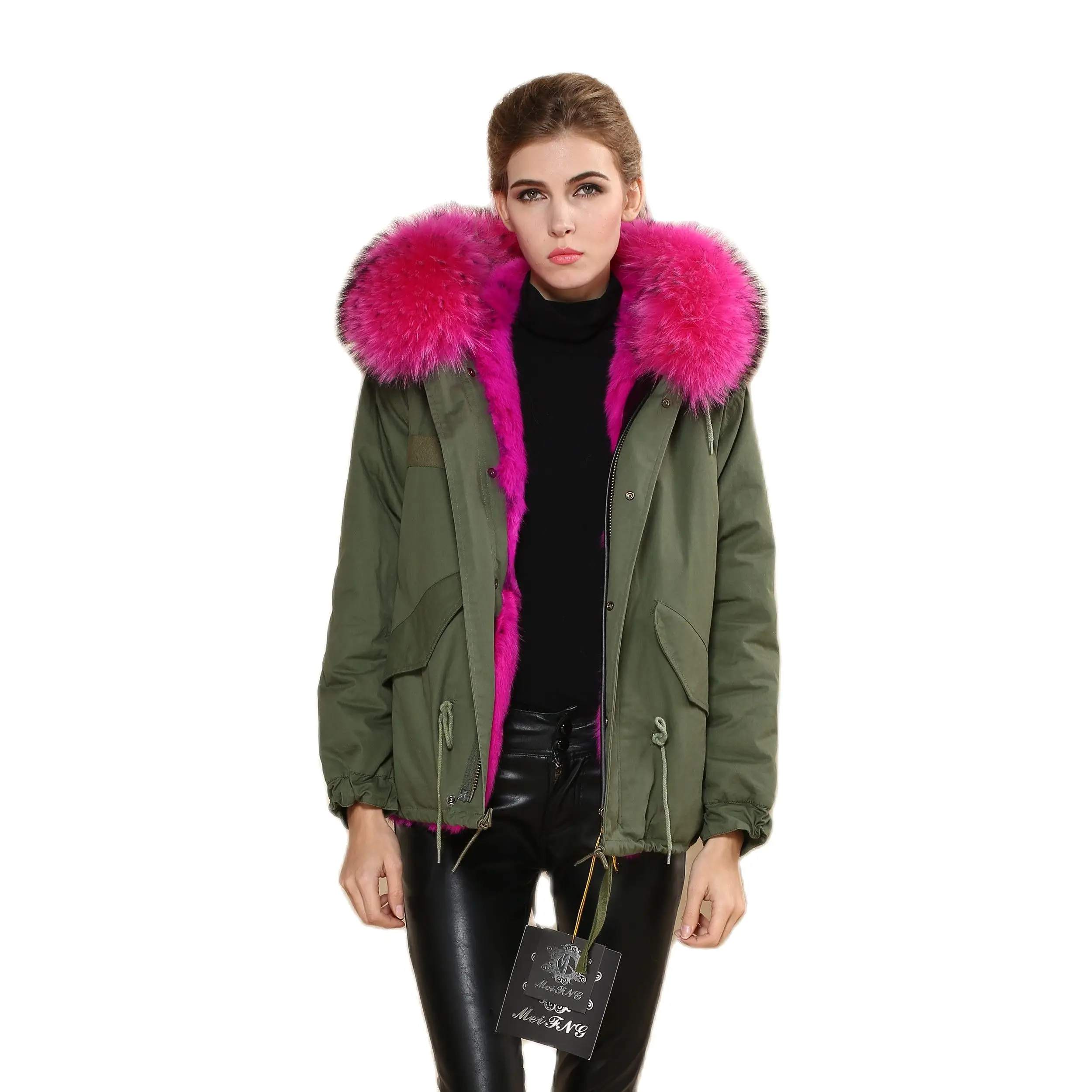 

Newest Design Winter Ladies Parka With Rose Pink Removable Fur Collar Rose Pink Warm Thicken Rabbit Fur Coat
