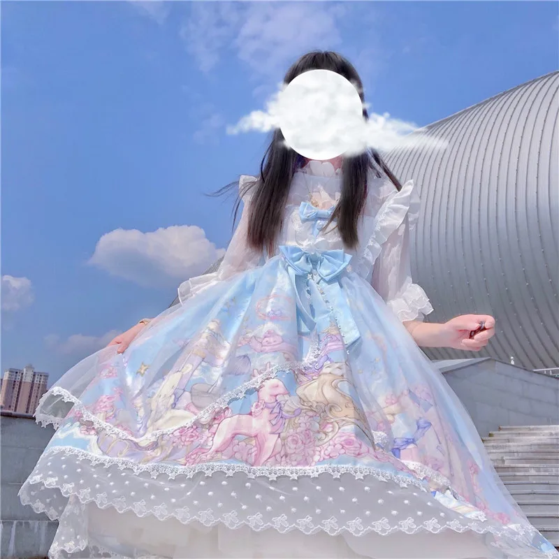 Japanese Lolita sweet bear strap  dress female summer bowknot cute printing high waist princess victorian dress kawaii girl goth