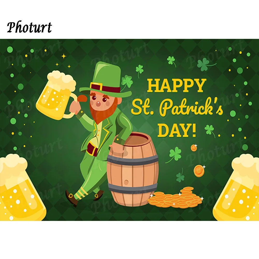 PHOTURT Happy St. Patrick's Day Backdrop Festival Decoration Photography Background Green Golden Vinyl Polyester Banner Props