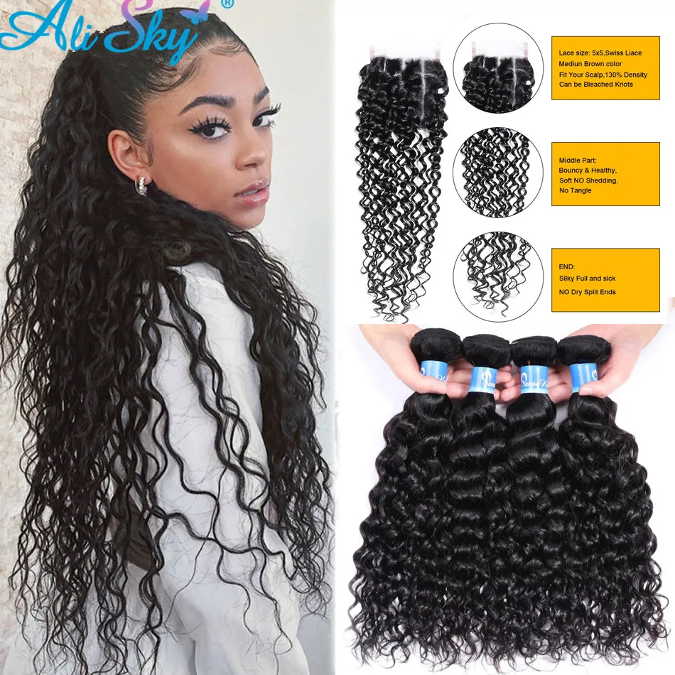 

Alisky Malaysian Water Wave 3 Bundles With 5x5 Lace Closure Remy Human Hair Weave Bundles 100% Human Hair Extensions Wholesale