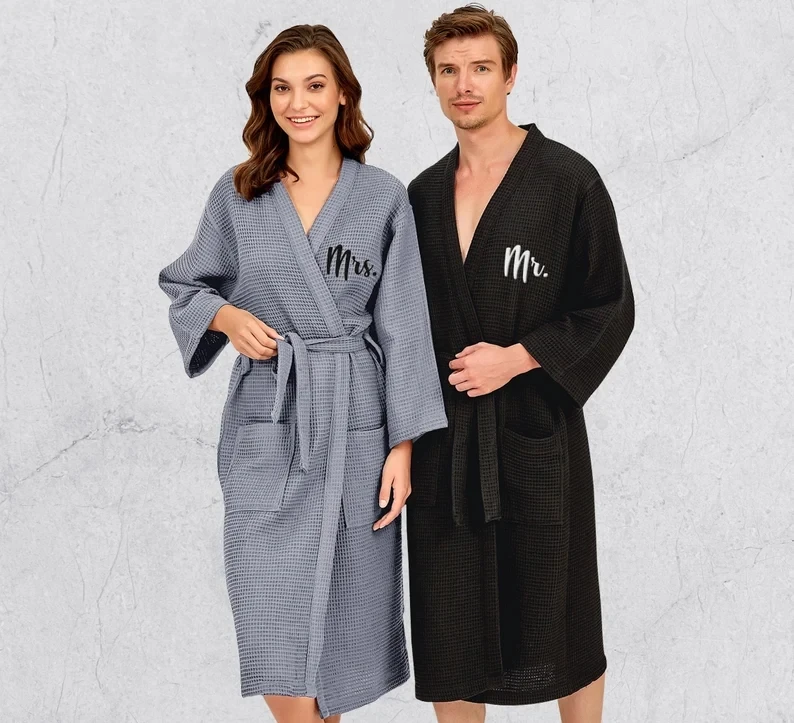 Custom Couple Robes, Personalized Couple Kimono Robes, Wedding Honeymoon Gift, Anniversary Gift, Spa Cotton Robes, Custom Waffle