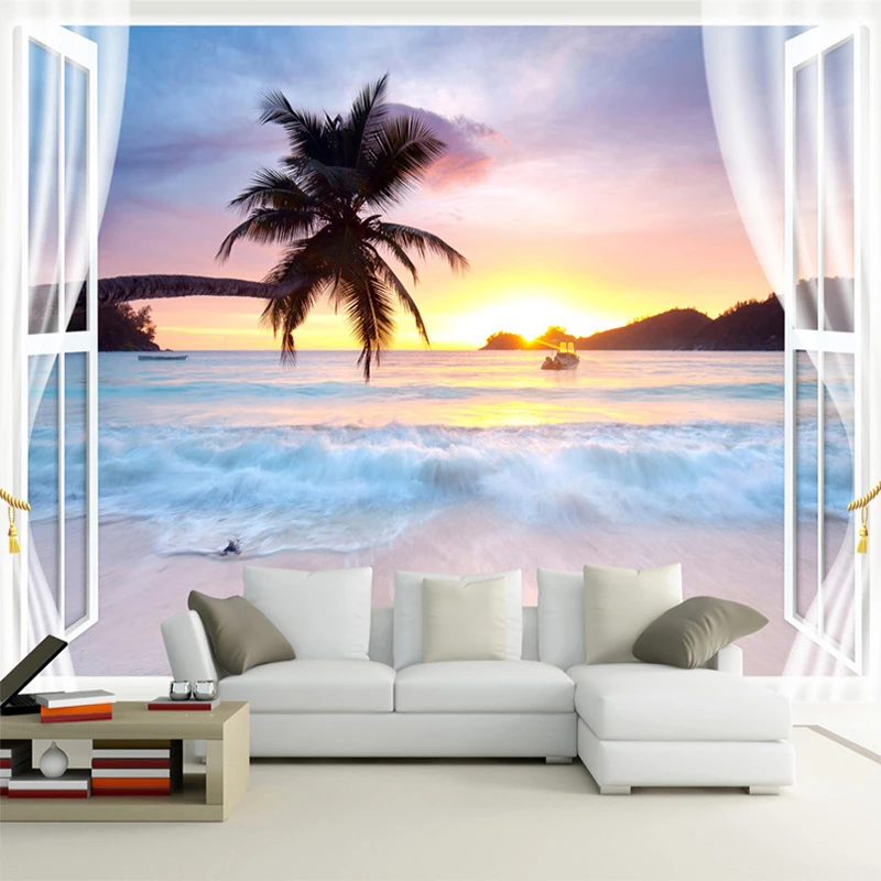 

Custom Any Size Mural Wallpaper 3D Seaside Landscape Coconut Tree Window Wall Painting Living Room TV Sofa Waterproof 3D Sticker