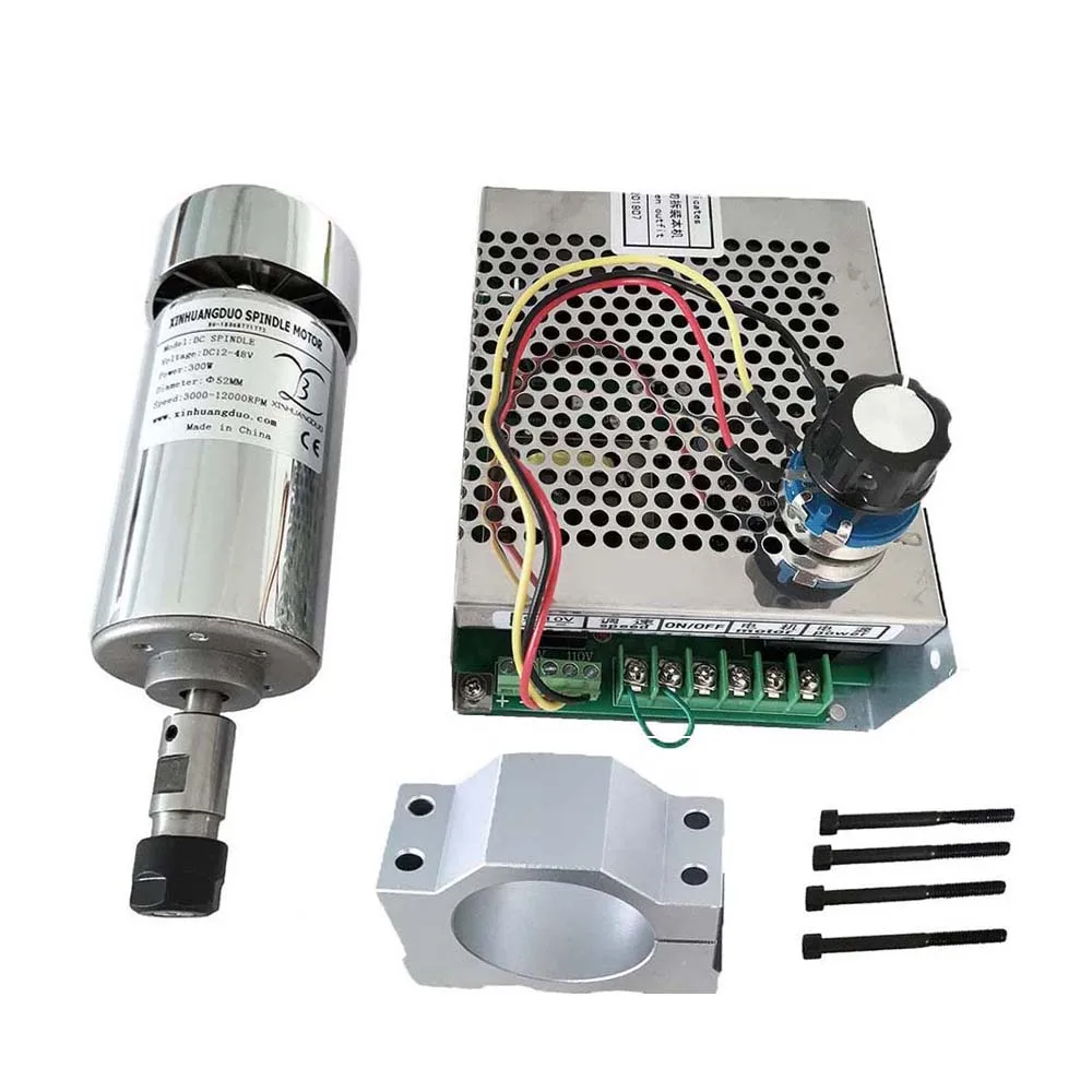 Cnc Spindle Motor Kit com Suporte Governador de Alimentação Air Cool Motor Pequeno Kit Cnc Faça Você Mesmo 300w 52 mm de Diâmetro Er11 Er16 Chuck 48v dc 0.3kw