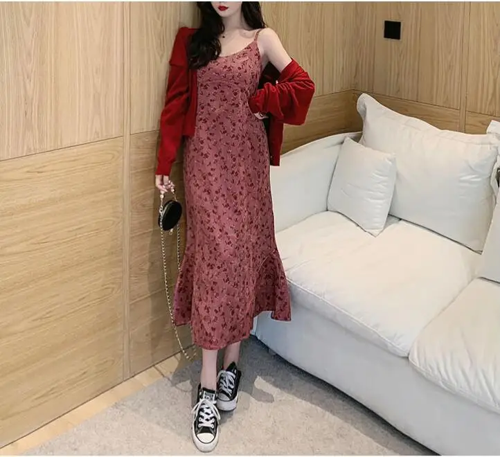 Chic Korea Feminine Vestidos Women New Year Red Matching Outfits Autumn Fall New Japan Girls Pink Long Cotton Corduroy Dress