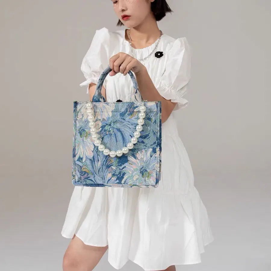 Designer Pearl strap Women Bag Canvas Fashion Totes Summer Female Travel Shoulder Bags Print Letter Women Handbag Shopping Blue