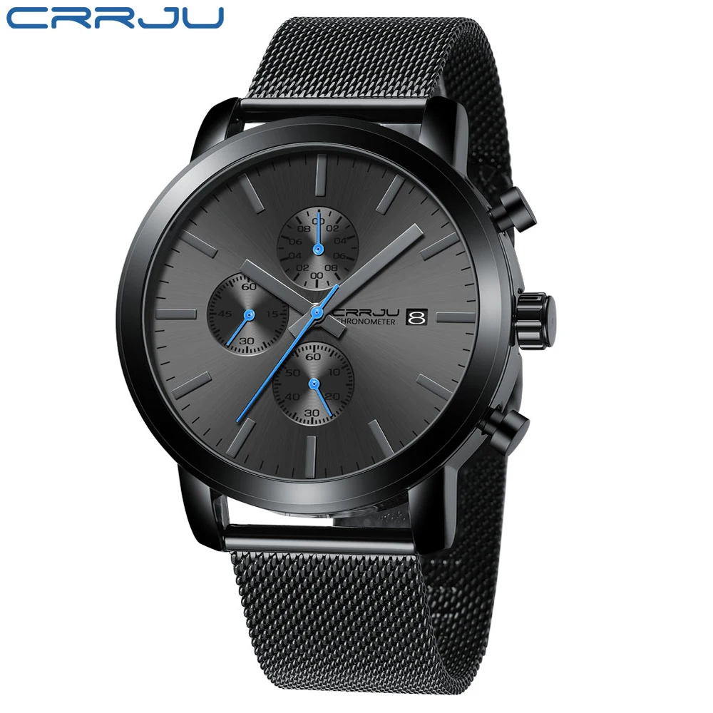 CRRJU Fashion Mens Watches 2020 Luxury Top Brand Quartz Watch Military Sport Mesh Strap Waterproof Wrist Watches Men Relogios