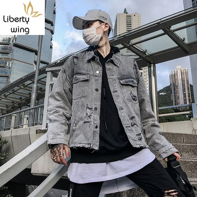 

Euro High Street Mens Hole Ripped Denim Bomber 2020 Autumn New Sleeve Removable Jean Jacket Man Fringed Streetwear Coat