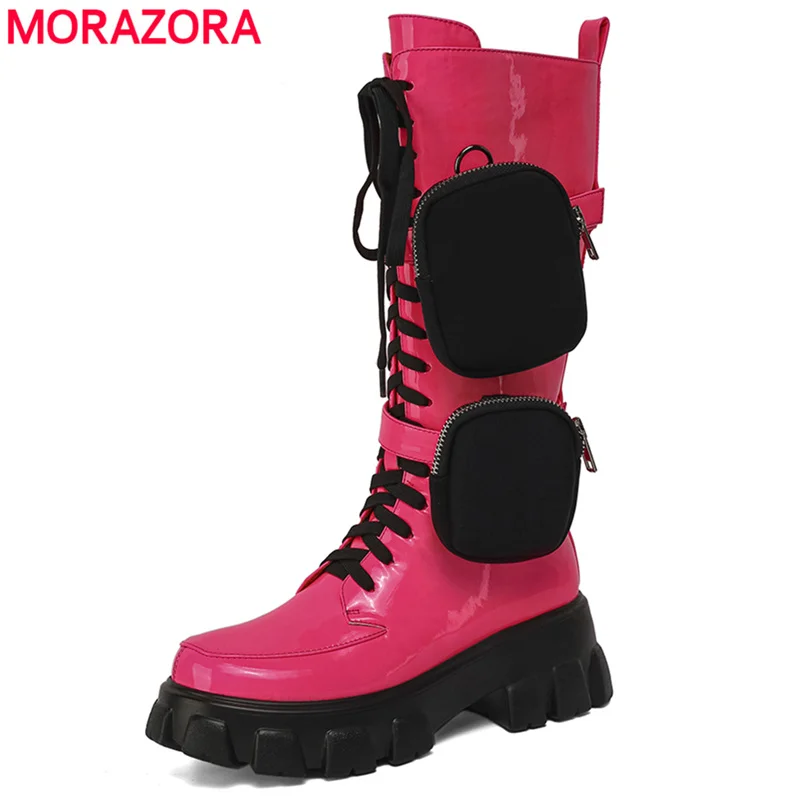 MORAZORA 2022 New Brand Women Boots Zip Mid Calf Motorcycle Boots Paten Leather Platform Chunky Sole Pocket Autumn Winter Boots