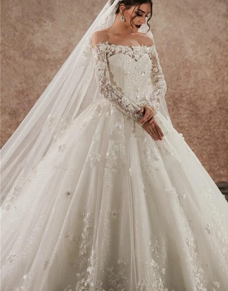 Robe de Mariée Bouffante en Dentelle Brillante, Manches sulf, à Lacets, Paillettes, pour les Patients, Personnalisée