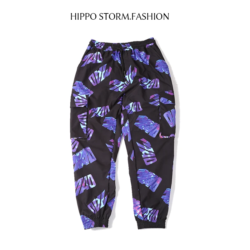 Pantalones informales con estampado azul para hombre, ropa Retro con múltiples bolsillos, a la moda, Hip-hop, holgados, S-4XL