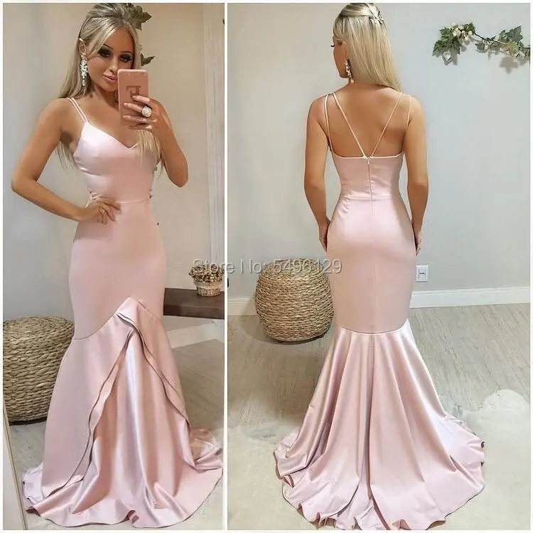 Sexy Mermaid suknie balowe paski spaghetti V Neck Backless wielowarstwowa satynowa bez rękawów kobiety suknia wieczorowa prosta sukienka