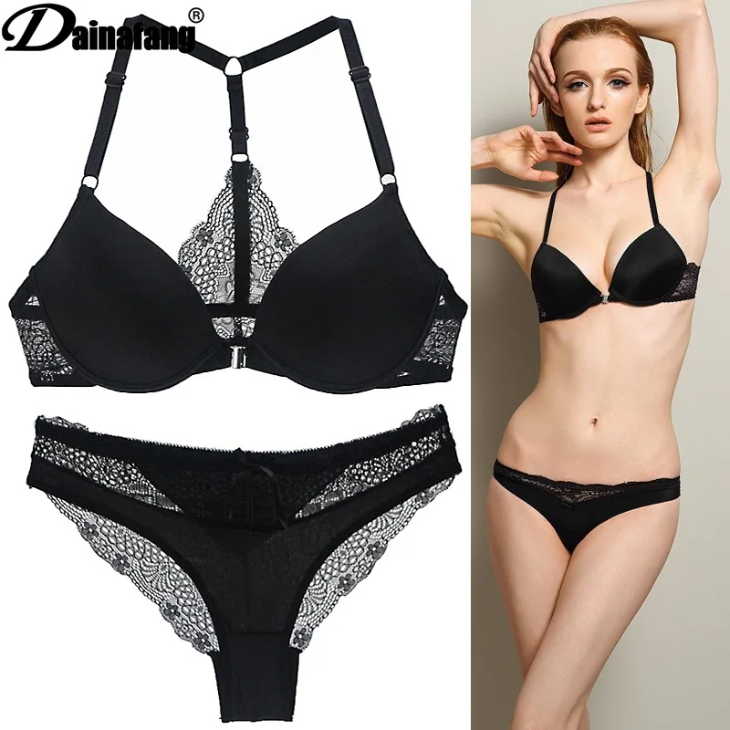 

New Design Women Sexy Front Closure Bra Lace Y-line Straps Underwear Sets with Brief Three Quarter Cup Girls Brassiere Panties