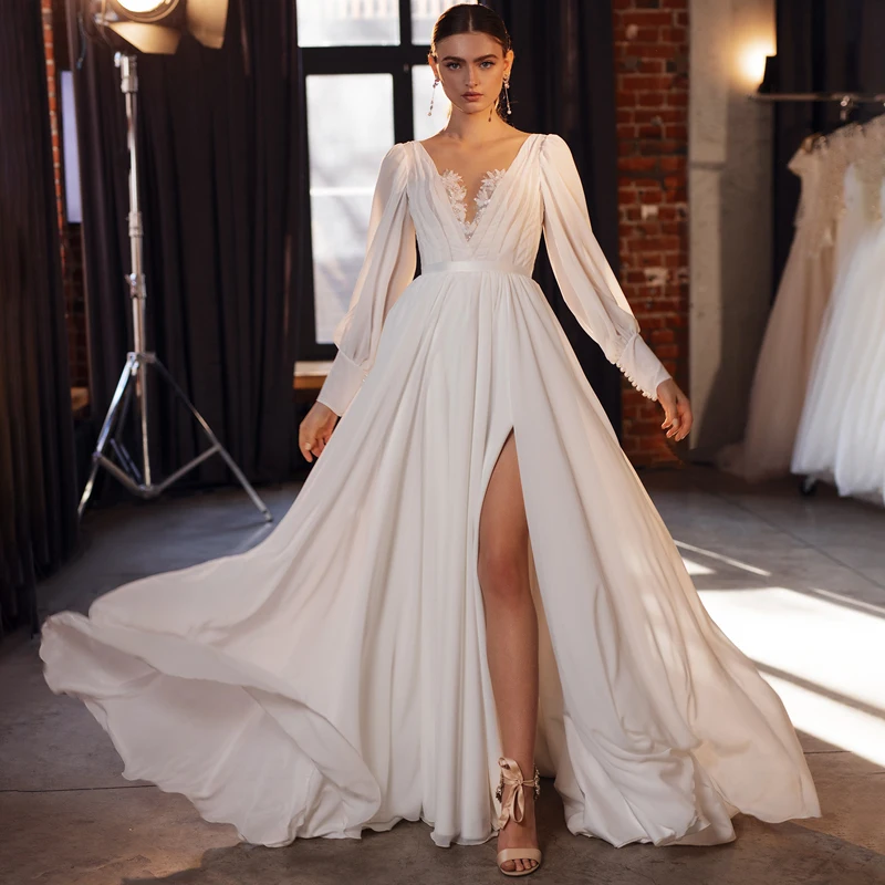 

V-Neck Long Sleeve Appliques Slit A-Line Chiffon Wedding Dress Bridal Gowns Vestido De Noiva