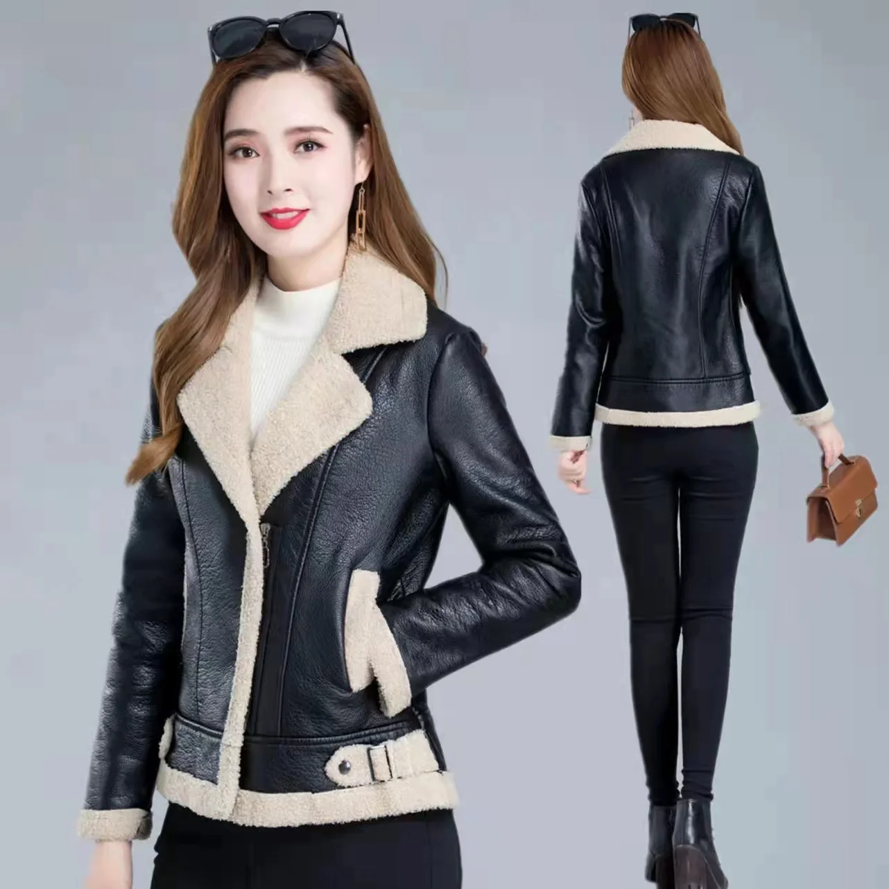 Plus Velvet Thick Leather Jacket Women 2023 Autumn And Winter New Fur One Short Imitation Lamb Fur Jacket