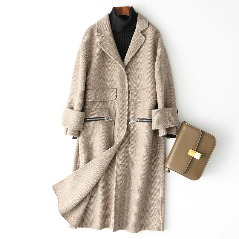 New 2020 Double-Sided Wool Coat Female Alpaca Ladies Long Wool Coats Pockets Autumn Winter Jacket Women 38014 WYQ1753 s