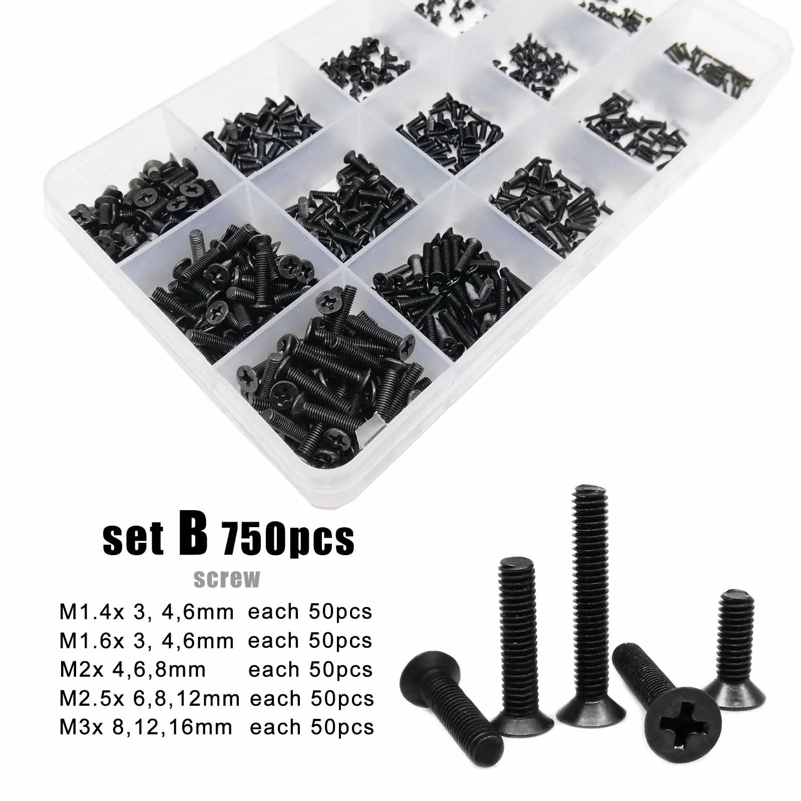 500/750/1500pcs M1.4 M1.6 M2 M2.5 M3 Black Steel Small Phillips Cross Flat Countersunk Head Screw Bolt Nut Set Assortment Kit