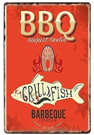 ZMKDLL BBQ Grill Fish Barbeque Tin Sign Metal Wall Poster Bar Decoration Farmhouse Decor Outdoor Indoor Wall Panel Retro Vintage