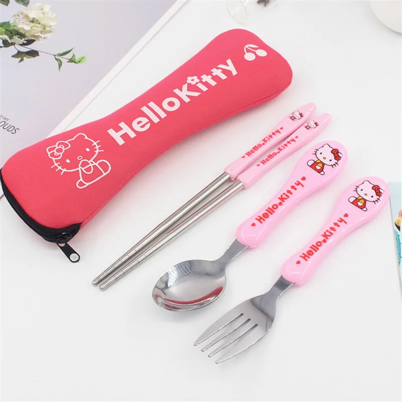 

3PCS/Set Kawaii Cute Cat Stainless Steel Dinnerware Kitchen Supplies Chopsticks Utensil Flatware Spoon Fork For Kids Children