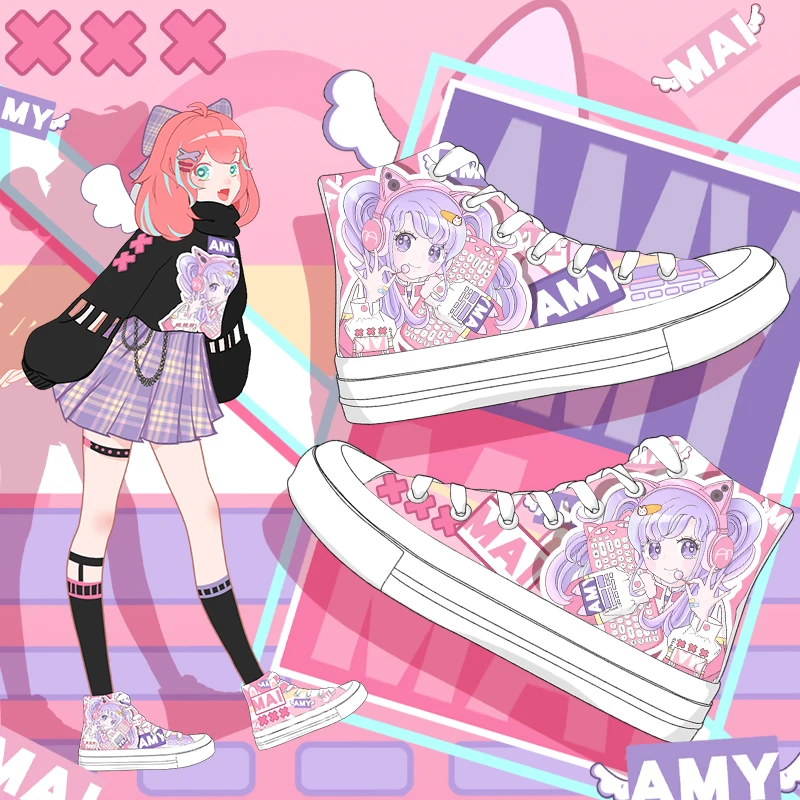 Amy e Michael Fashion Anime Cartoon Girls Sneakers studentesse vulcanizzate kawaii High Top Casual scarpe di tela dipinte a mano