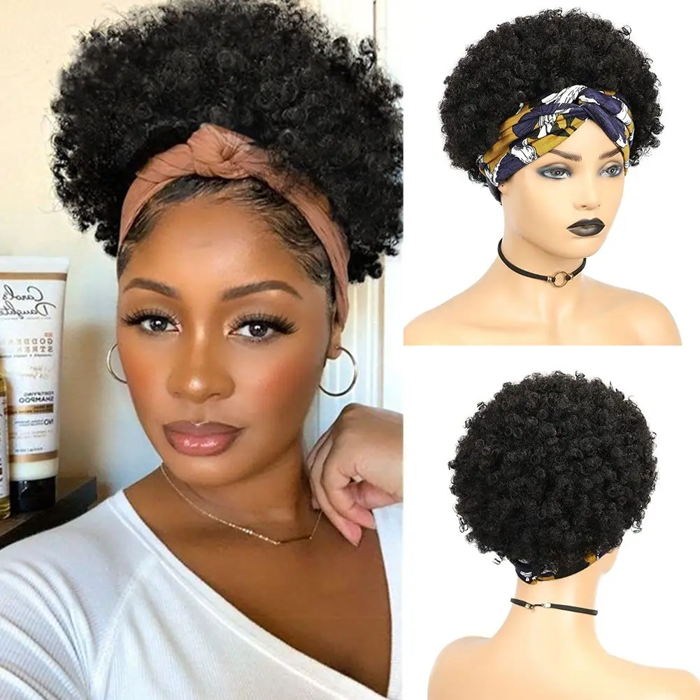 FAVE Headband Wig Afro Curly Scarf Wig Brazilian Remy Human Hair for African Women Turban Wrap-wig Afro Puff Half Hair Up-do Wig