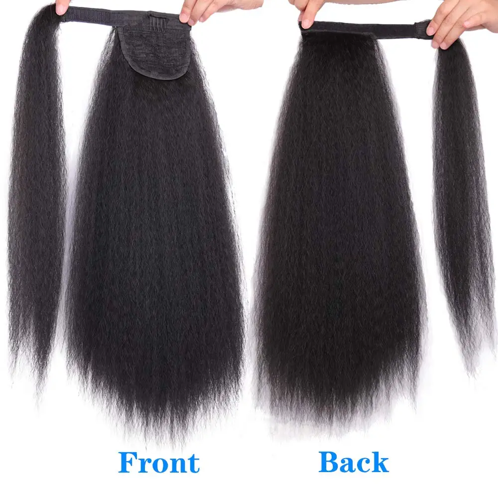 Afro Kinky Straight Long Ponytail Synthetic Wrap Around Magic Paste Clip Extension Hair Natural Black Pony Tail Hair 22 Inch