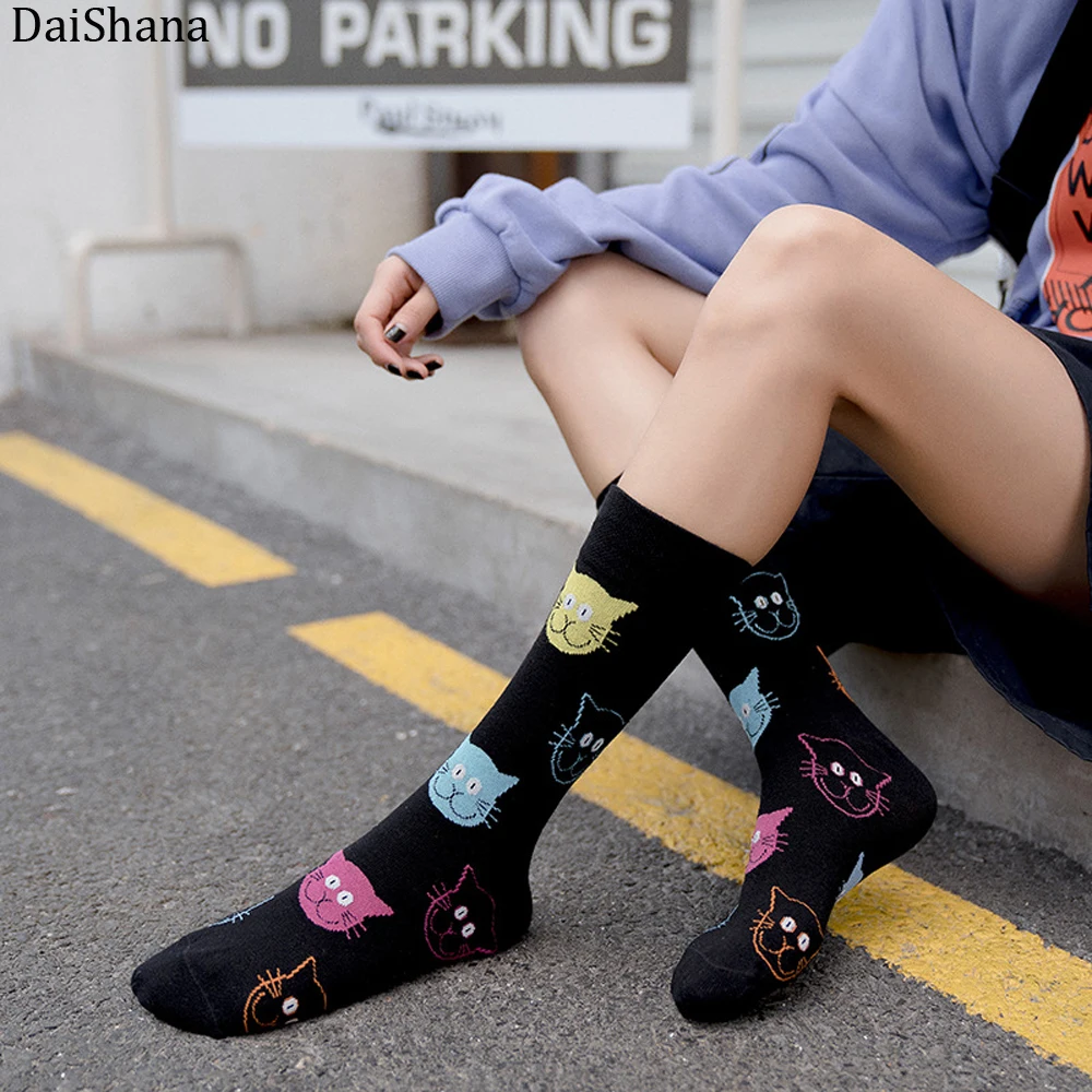 Daihana chaussettes Harajuku pour femmes, chaussettes en coton peigné avec motif de chat et chien, chaussettes unisexes à la mode décontractées à la cheville pour filles, Meias