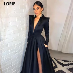 LORIE Simple Black Long Meramid Evening Dresses 2022 Side Split V-neck Long Sleeves Formal Prom Dress Arabic Dubai Party Gowns