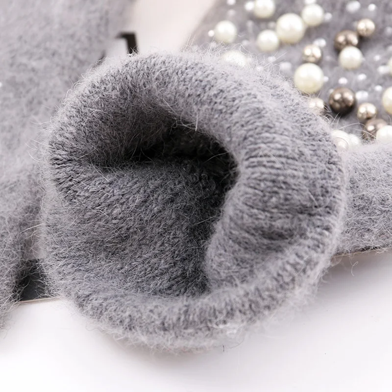 Winter Rabbit Fur Thicken Warm Knit Gloves Fashion Women Elasticity Diamonds Pearl Half Finger Touch Screen Gloves H22