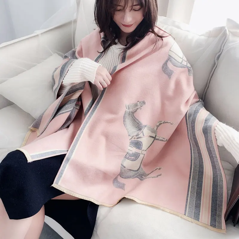 KOI LEAPING European and American style ladies fashion popular horse pattern printing cashmere shawl warm scarf best gift