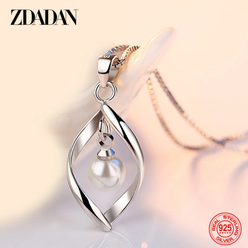 ZDADAN 925 Sterling Silver Hollow Twisted Pearl Pendant Necklace For Women Charm Jewelry