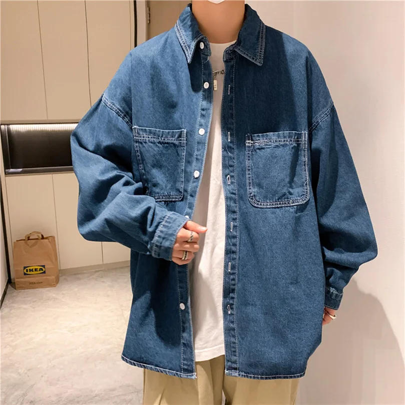 Denim Shirt Male Korean Style Trendy Oversize Shirt Jacket Varsity Spring Autumn Men\'s Blouses And Shirts Women Men\'s Clothing