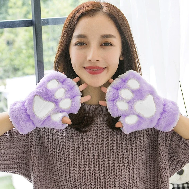 Women Cute Cat Claw Paw Plush Mittens Warm Soft Plush Short Fingerless Fluffy Bear Cat Gloves Costume Half Finger Party Gift