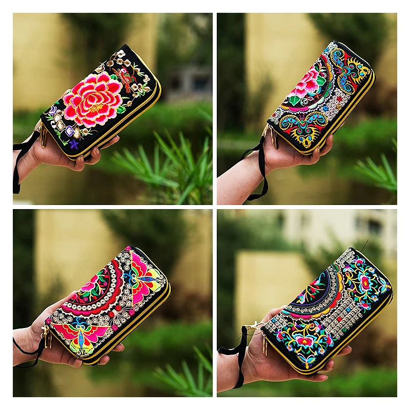 Women Wallet Long Zipper Coin Card Holder Wallets Hand Embroidery Pretty Flower Bohemia Ethnic Clutch Bag Wallet for Girl