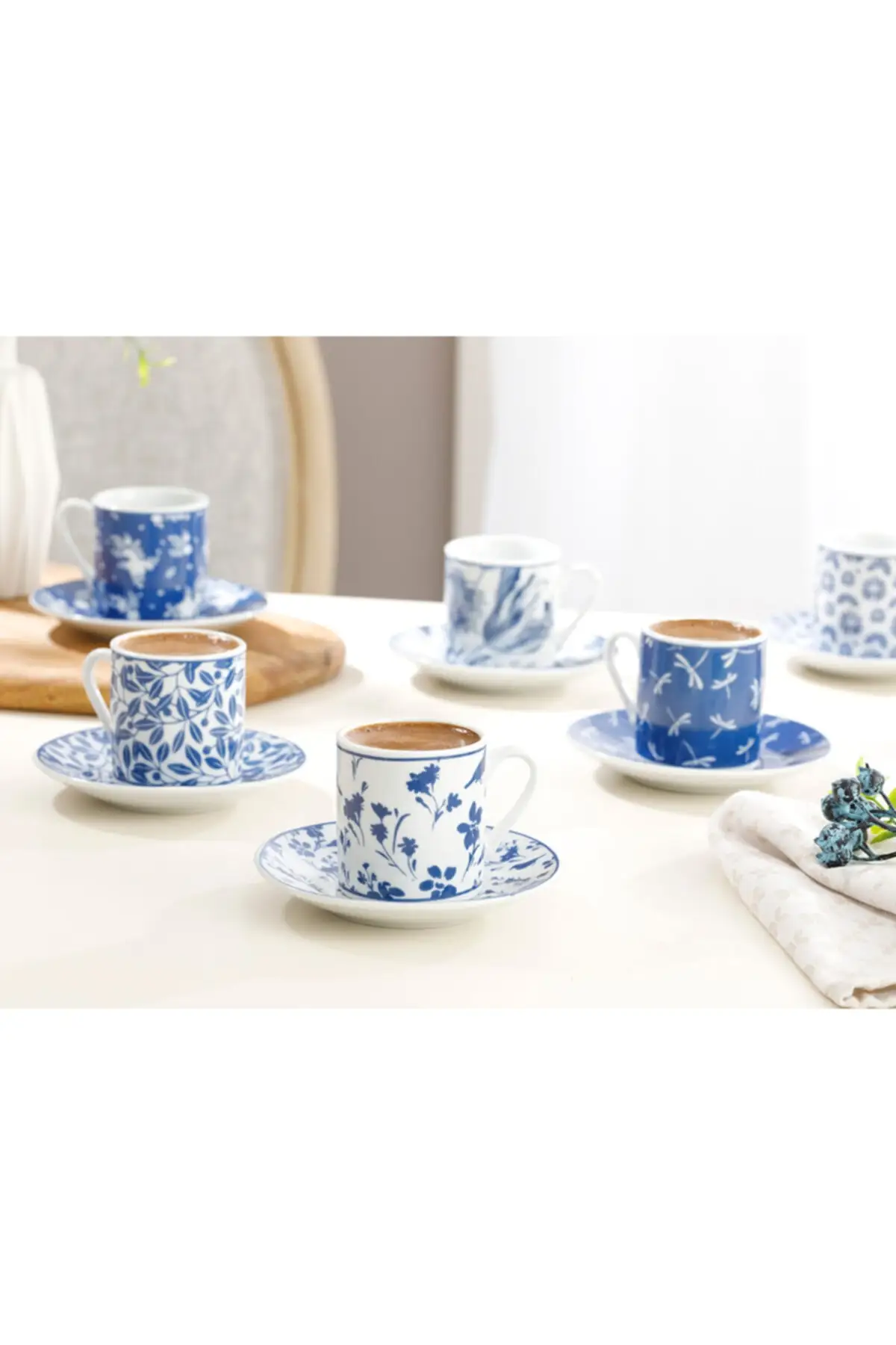 Bella Porcelain 12 Piece Coffee Cup Pad 80 Ml Navy Blue White Pattern Stylish Gift Dish Set New Fast Shipping