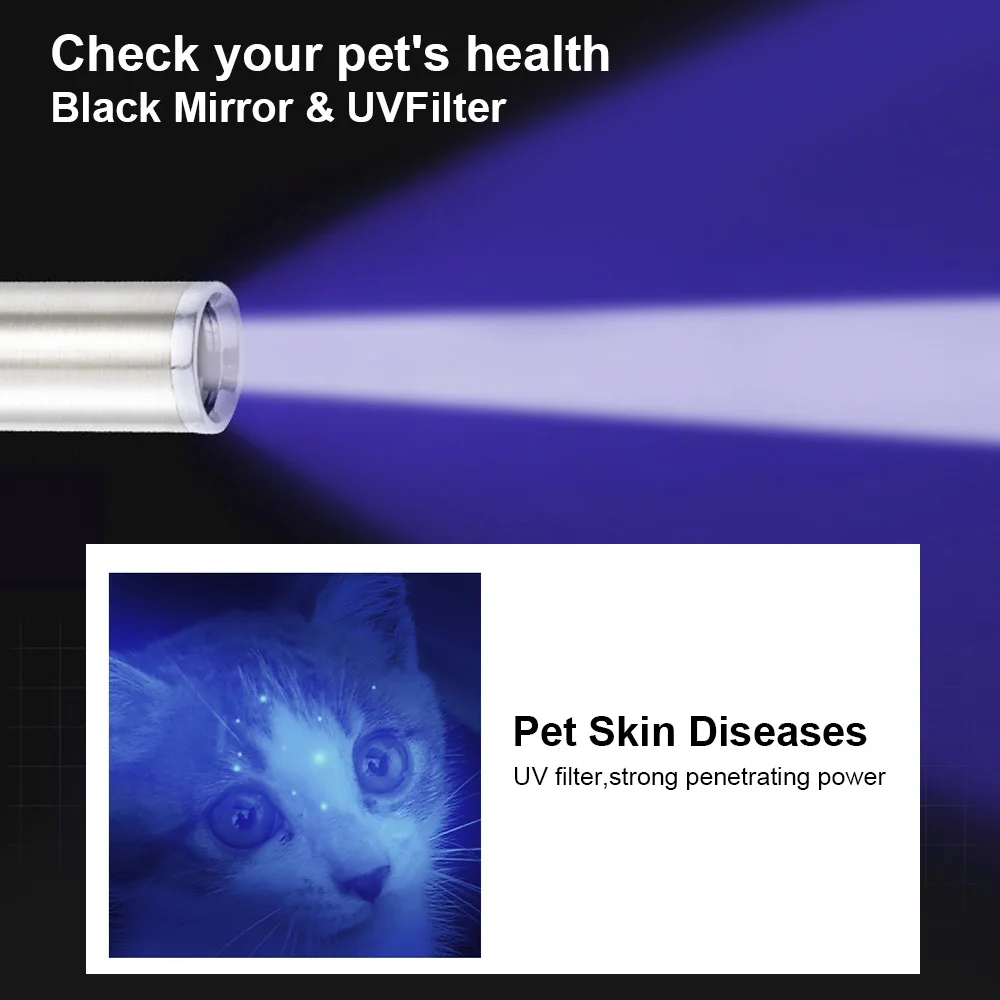 365 UV-Veterinär-Holzlampe, Haustierpilz-Erkennung, wasserdichte Taschenlampe, Haut, ultraviolettes Licht, Katzenmoos, Tinea-Licht, schwarzer Spiegel – Detail 8